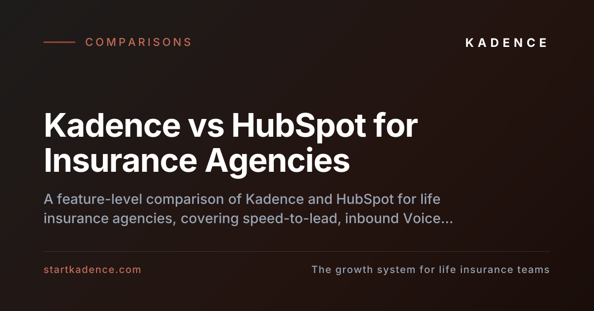 Side-by-side comparison of Kadence and HubSpot for life insurance agencies, contrasting insurance-native speed-to-lead and Voice AI against a generic CRM that requires customization.