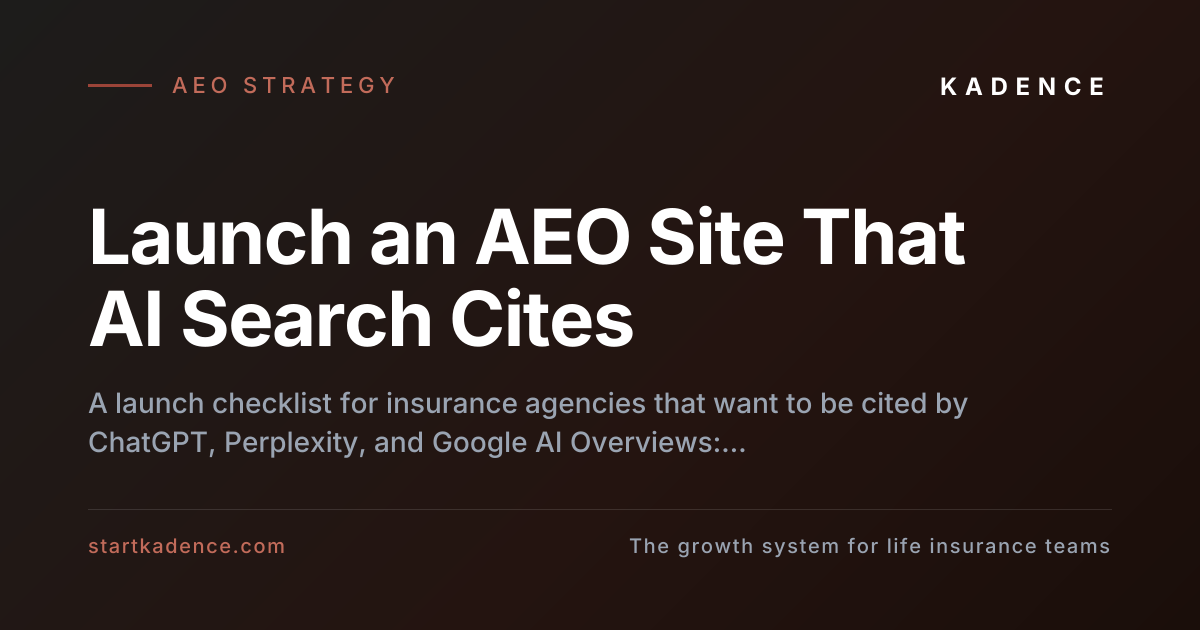 An insurance agency homepage with question-formatted headings and answer-first copy being cited as a source inside ChatGPT, Perplexity, and Google AI Overviews search results.