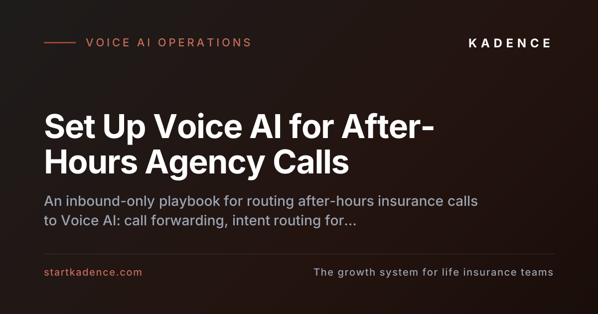 Diagram of an insurance agency phone routing after-hours calls to a Voice AI receptionist that sorts quote, service, and claims intents and books appointments into the CRM