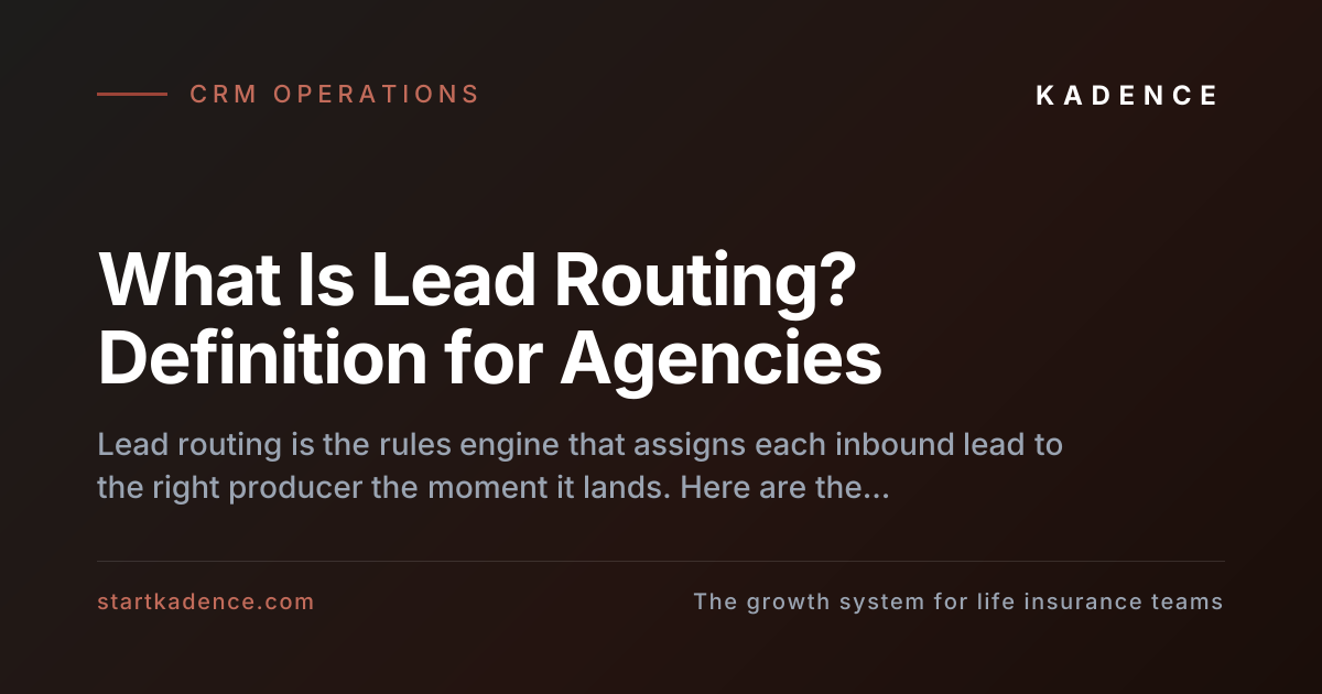 Diagram of an inbound insurance lead flowing through CRM routing rules to an assigned producer